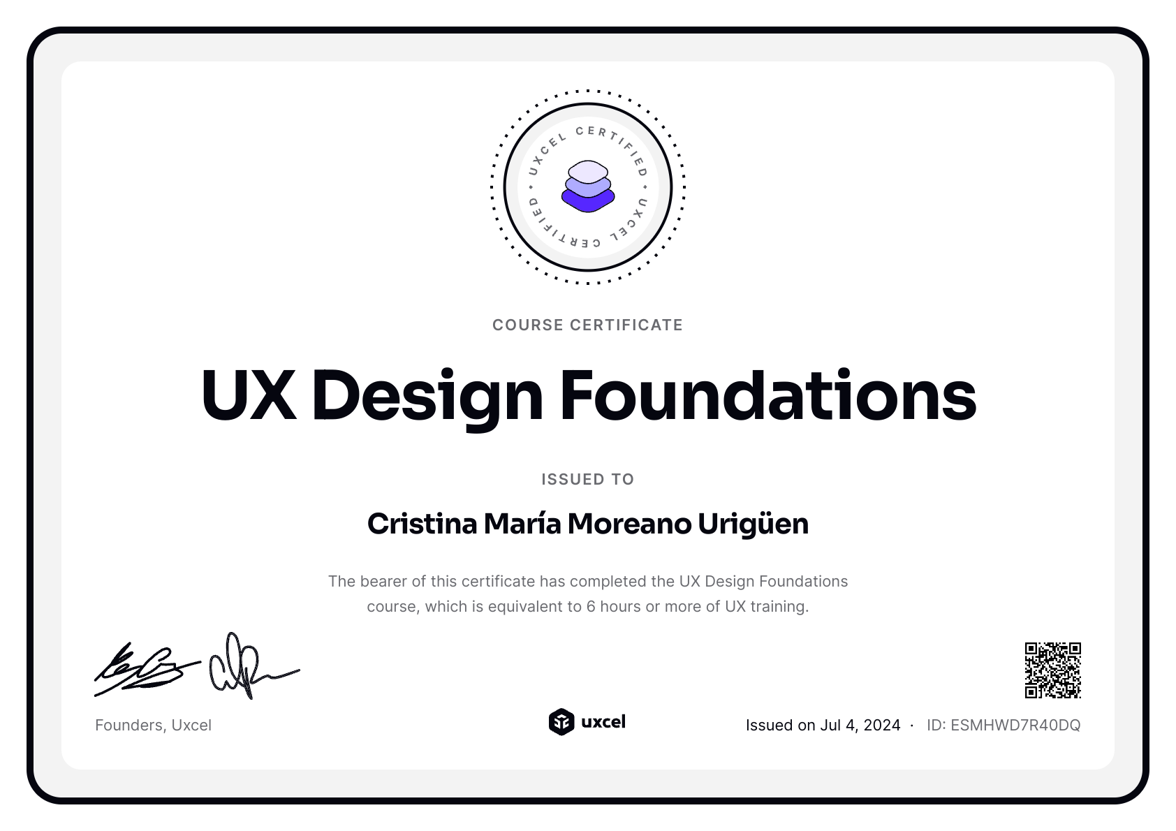 Cristina María Moreano Urigüen's certificate